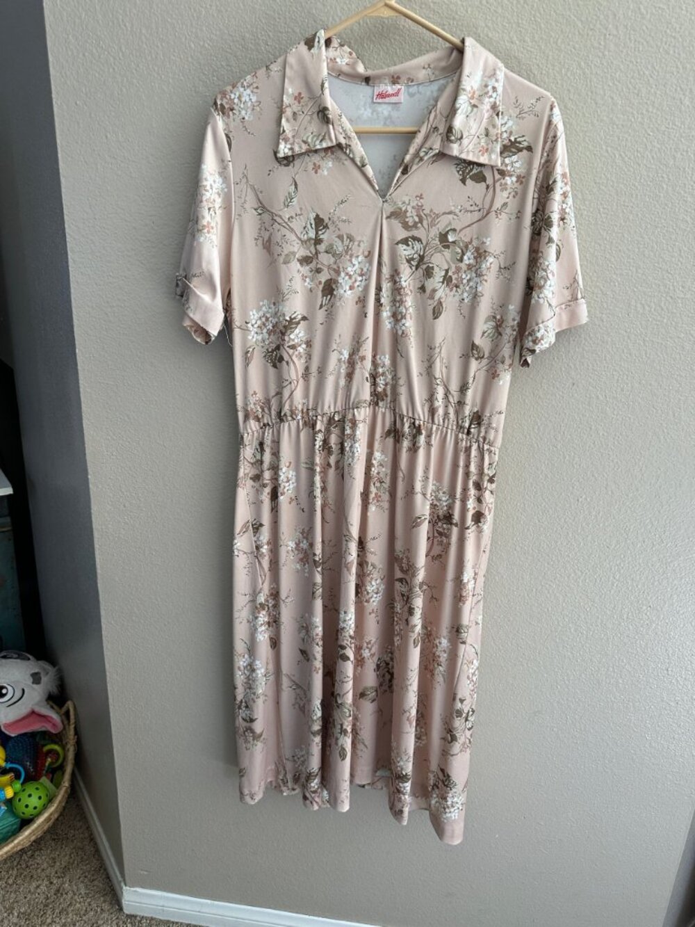 Haband Womens Floral Midi Dress With Collar Short Sleeve Beige Pink Floral Print - Picture 2 of 11